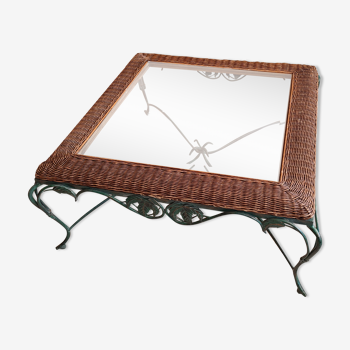 Wrought iron coffee table, rattan and glass
