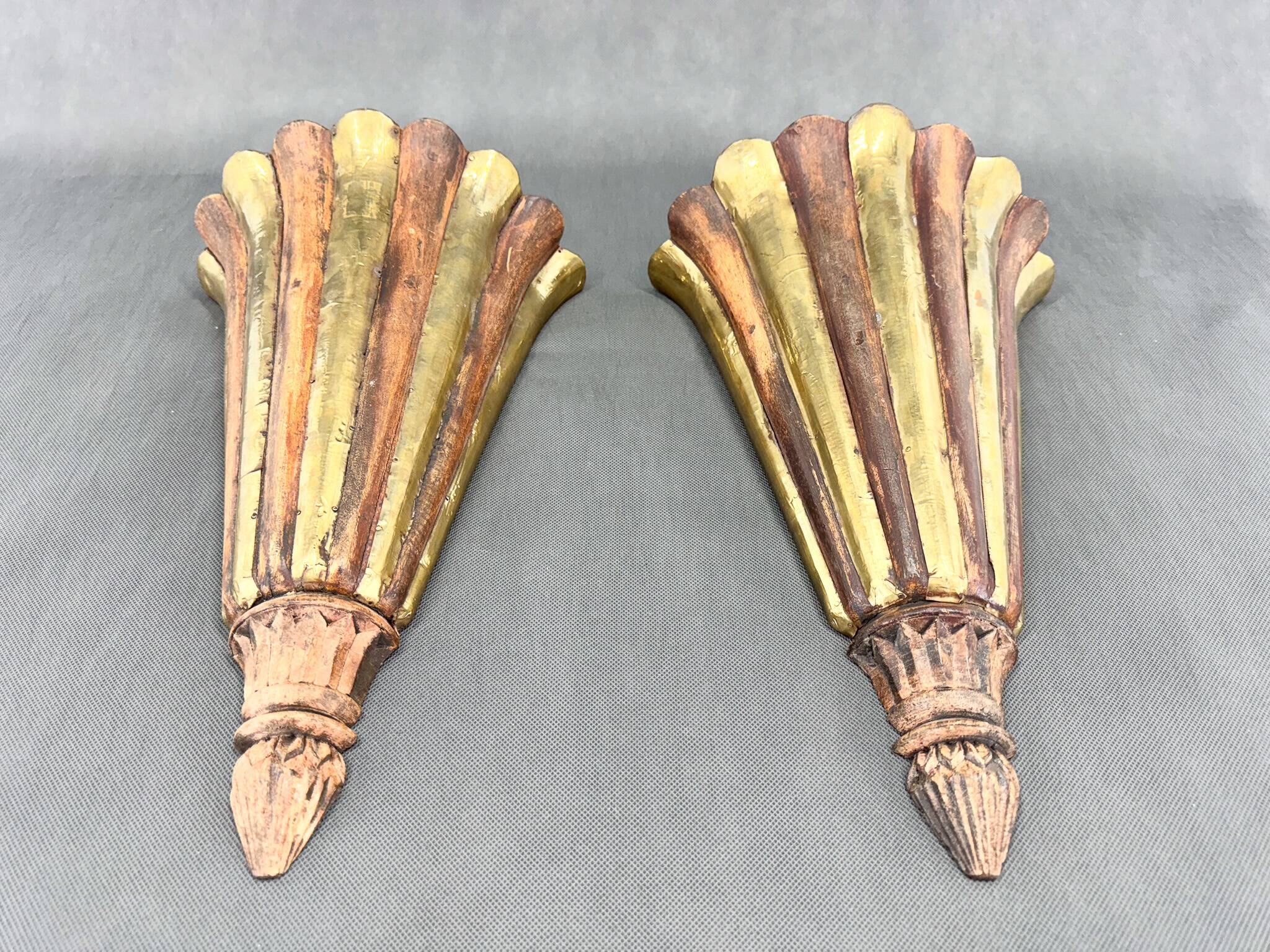 Antique Wood & Brass Wall Lights, France