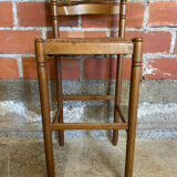 Tabouret de bar haut ancien bois tourné + assise paillée vintage