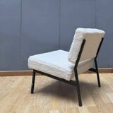 Vintage armchair, black metal and sheepskin fabric, France 1950