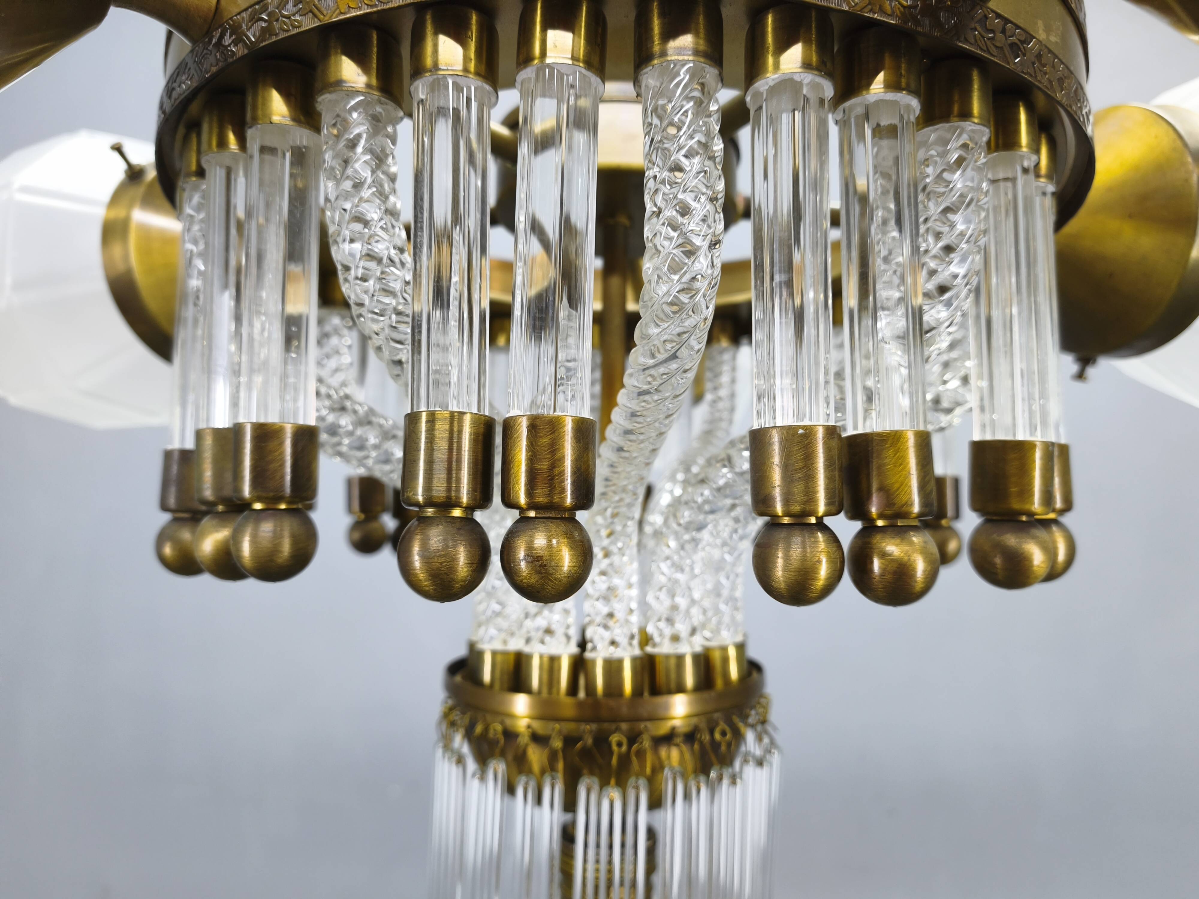 Czech Art Deco Brass and Glass Chandelier, 1950s