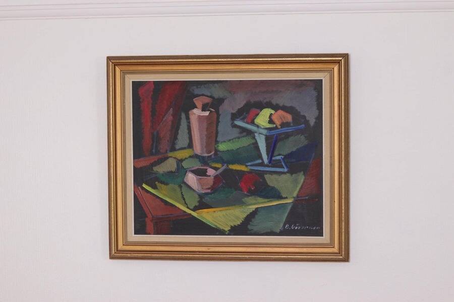 Original mid-century Swedish oil on canvas – “Kubisk Still Life” by Bror Göransson – vintage & framed – 75 × 64 cm (29.5" × 25.2")