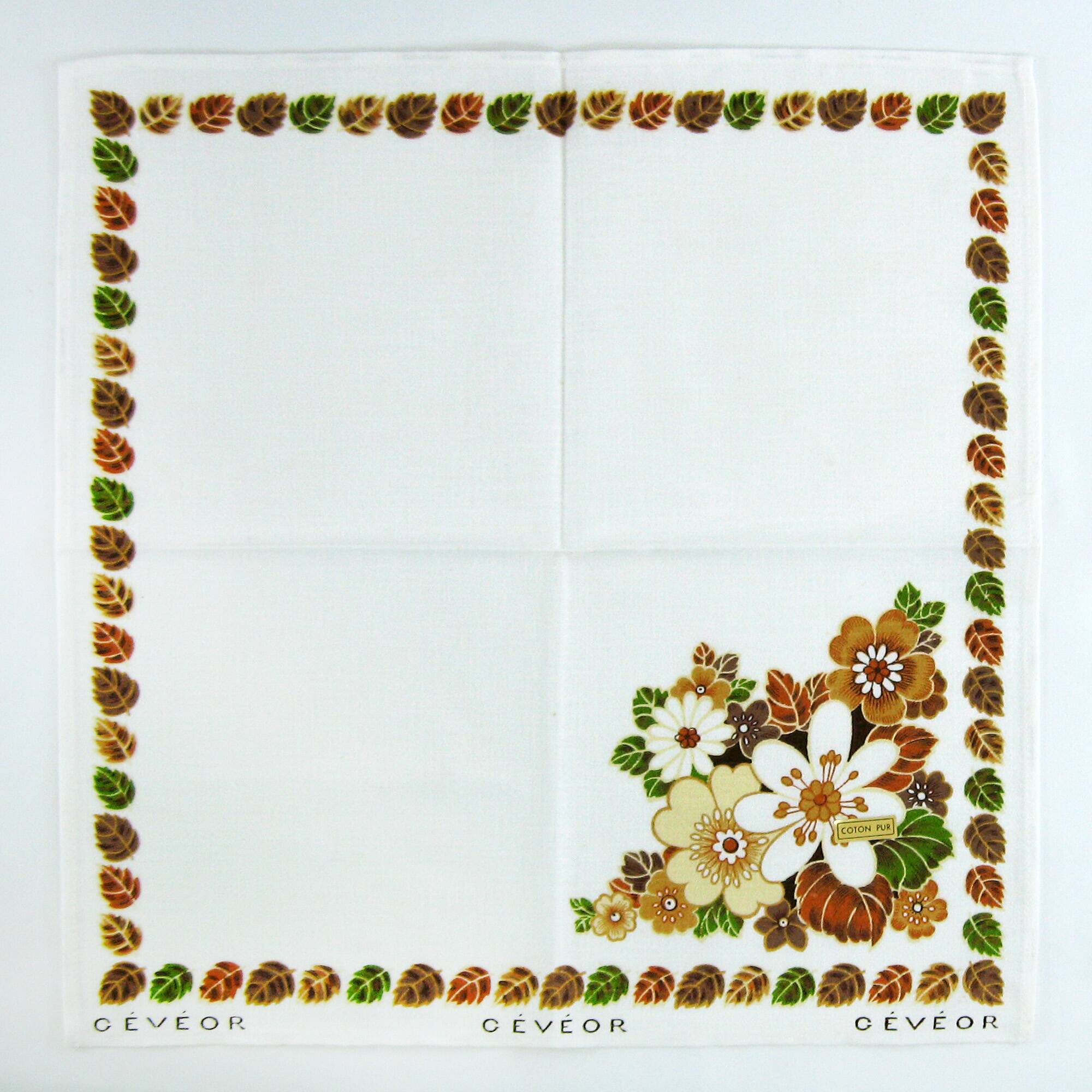 6 cotton napkins - brown and green floral pattern - Gévéor France - vintage 70s