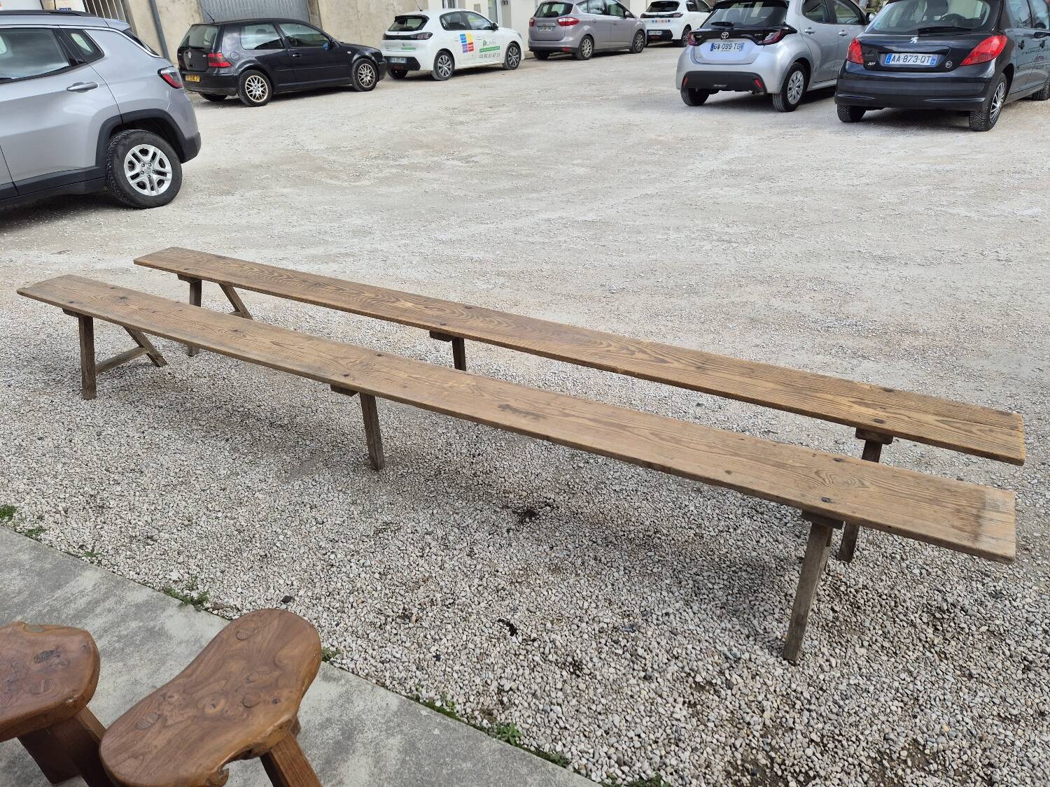 Pair of rustic oak and fir farmhouse benches 1900s - 3m85