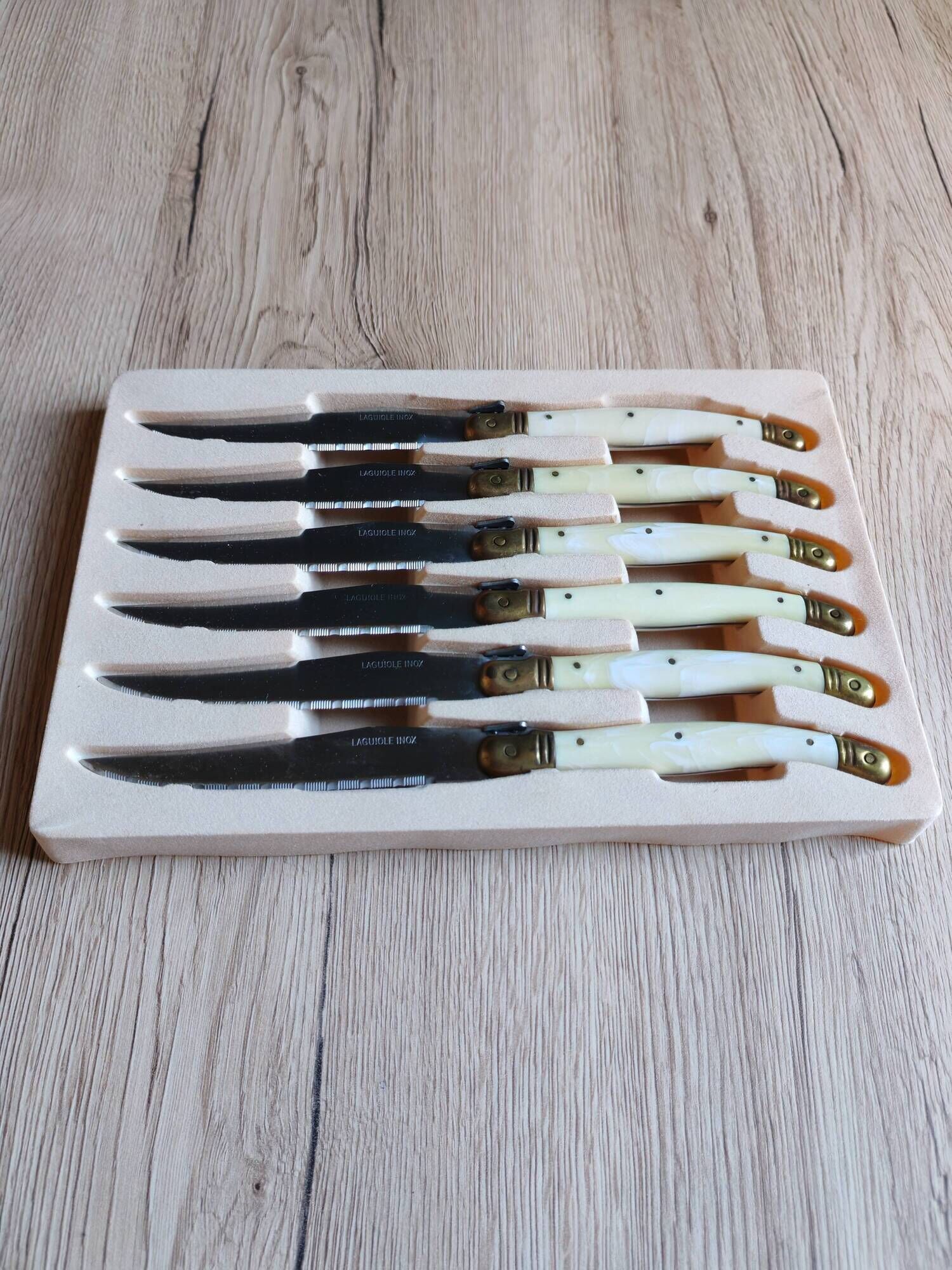 Vintage Box 6 Laguiole Table Knives Ivory Handles Gold Bolsters