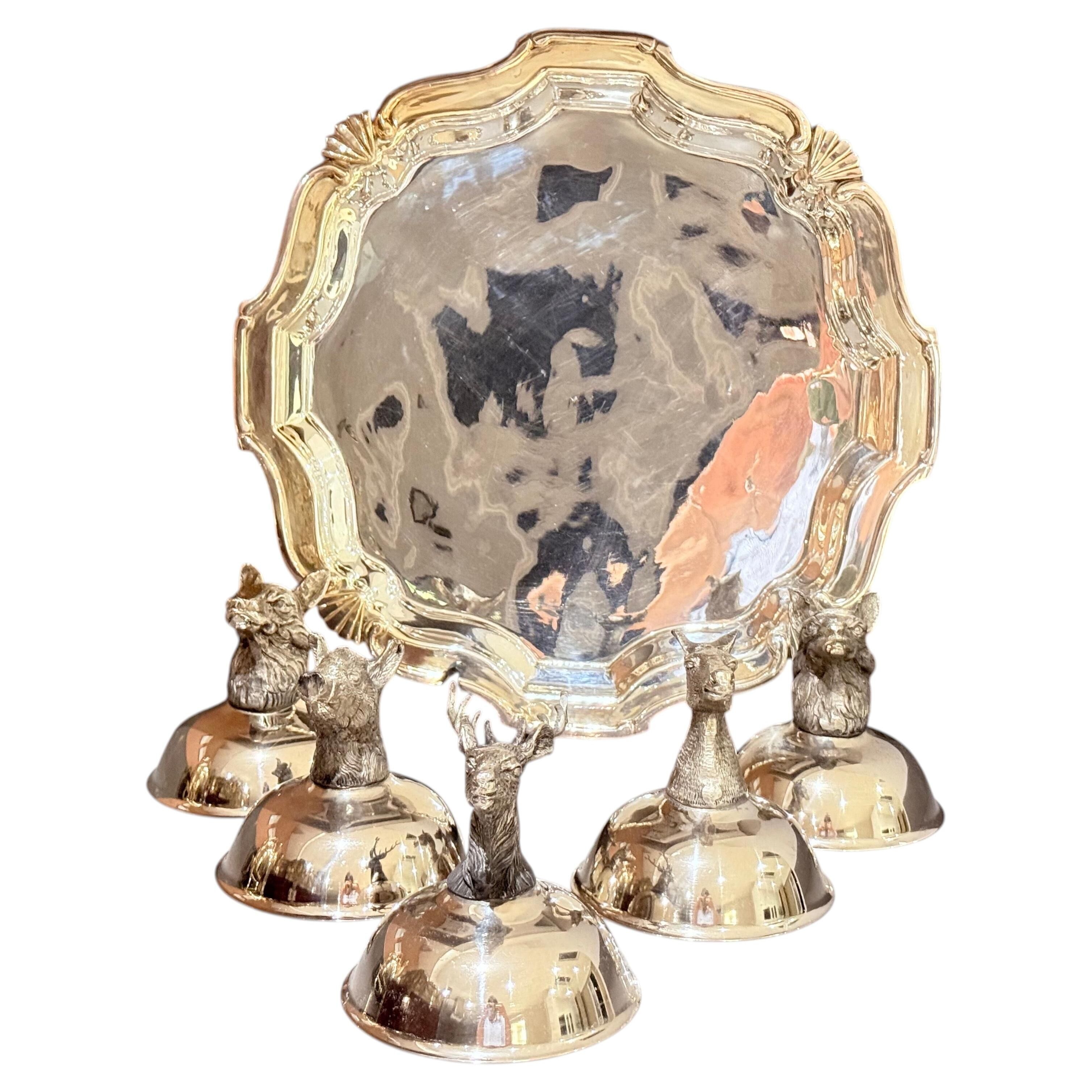 Italian Silver-Plated Animal Head Liqueur Cups with Matching Serving Tray Set 6