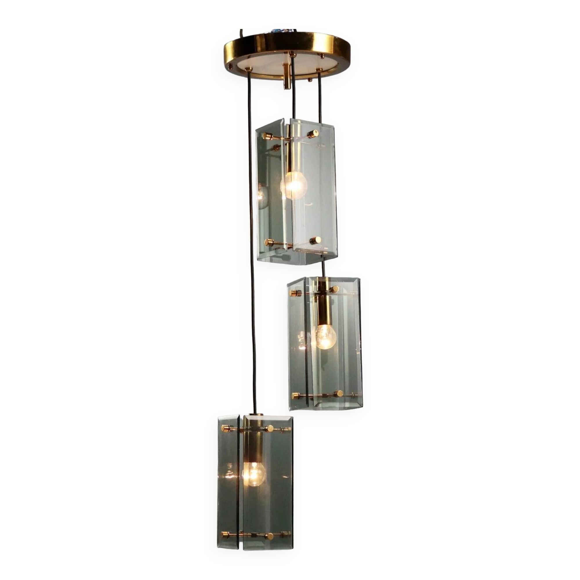 1960s brass and smoked glass ceiling light