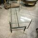 Table basse double plateaux en acier et bronze ainsi que verre