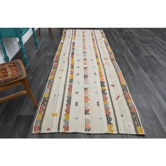 1970s Turkish Oushak Handmade Wool Cotton Beige Runner Rug 116x344
