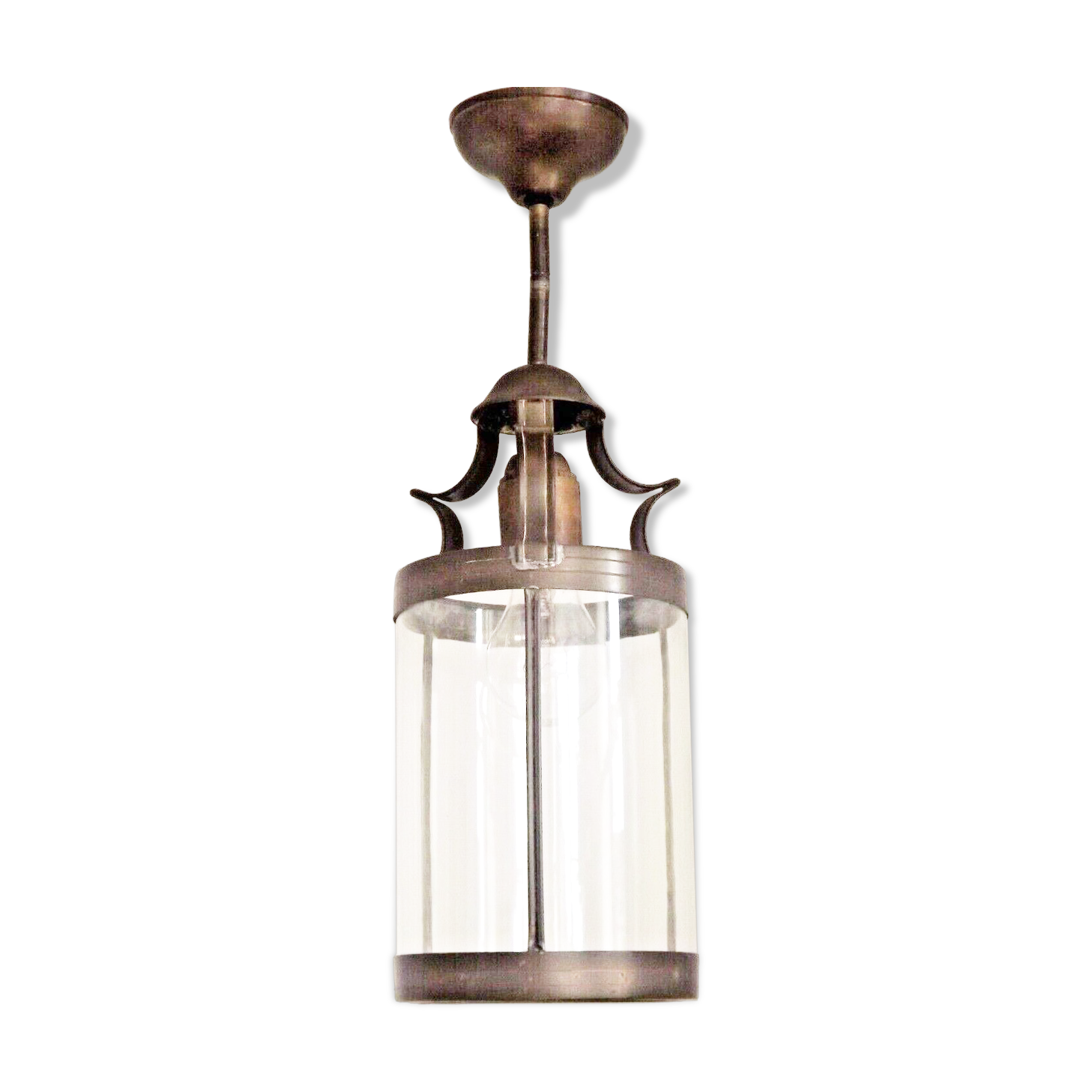 Vintage French Round Hall Lantern In Copper With Cylindrical Glass Shade 3681
