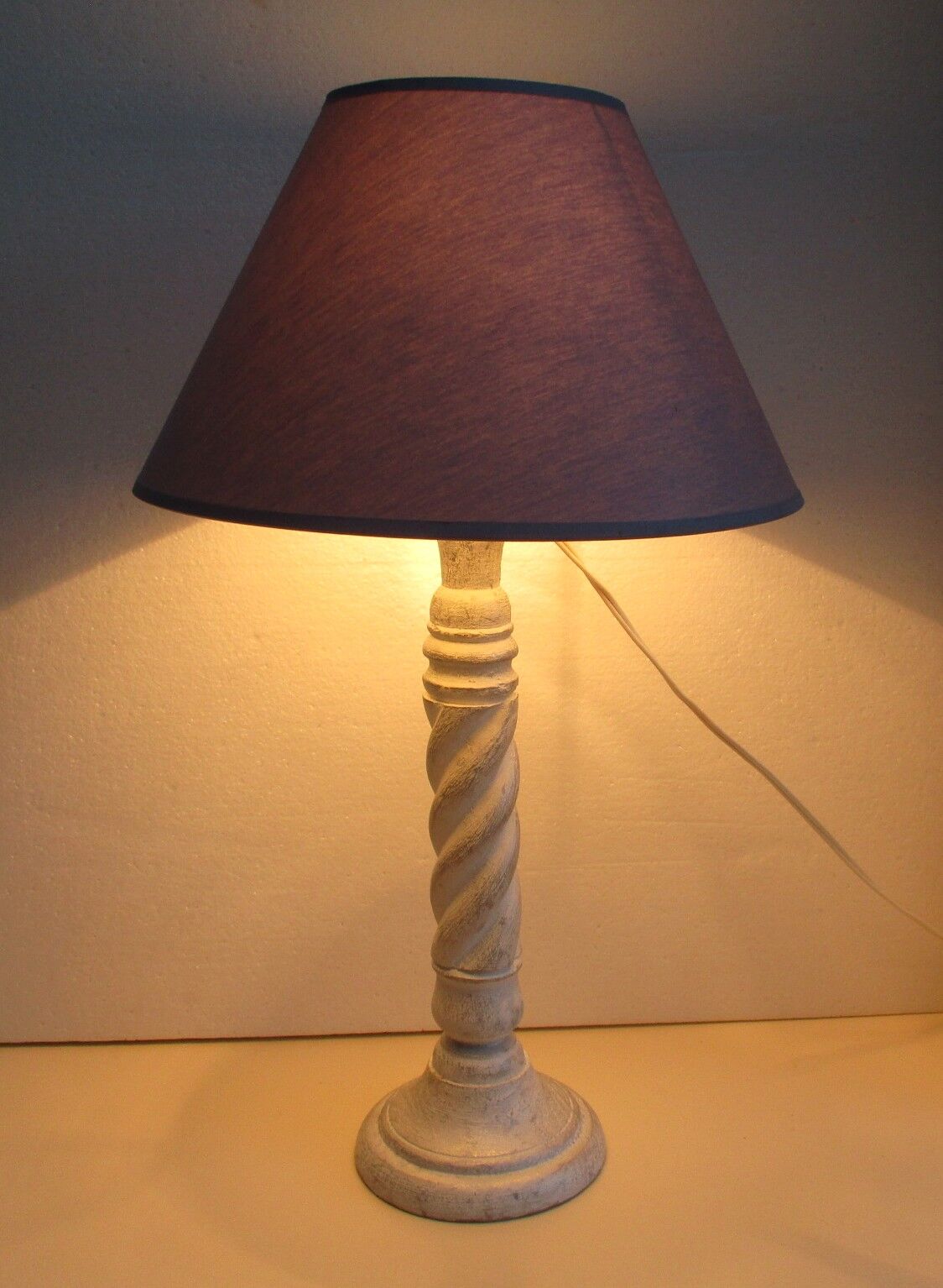 White and grey wooden foot-laying lamp, grey lampshade