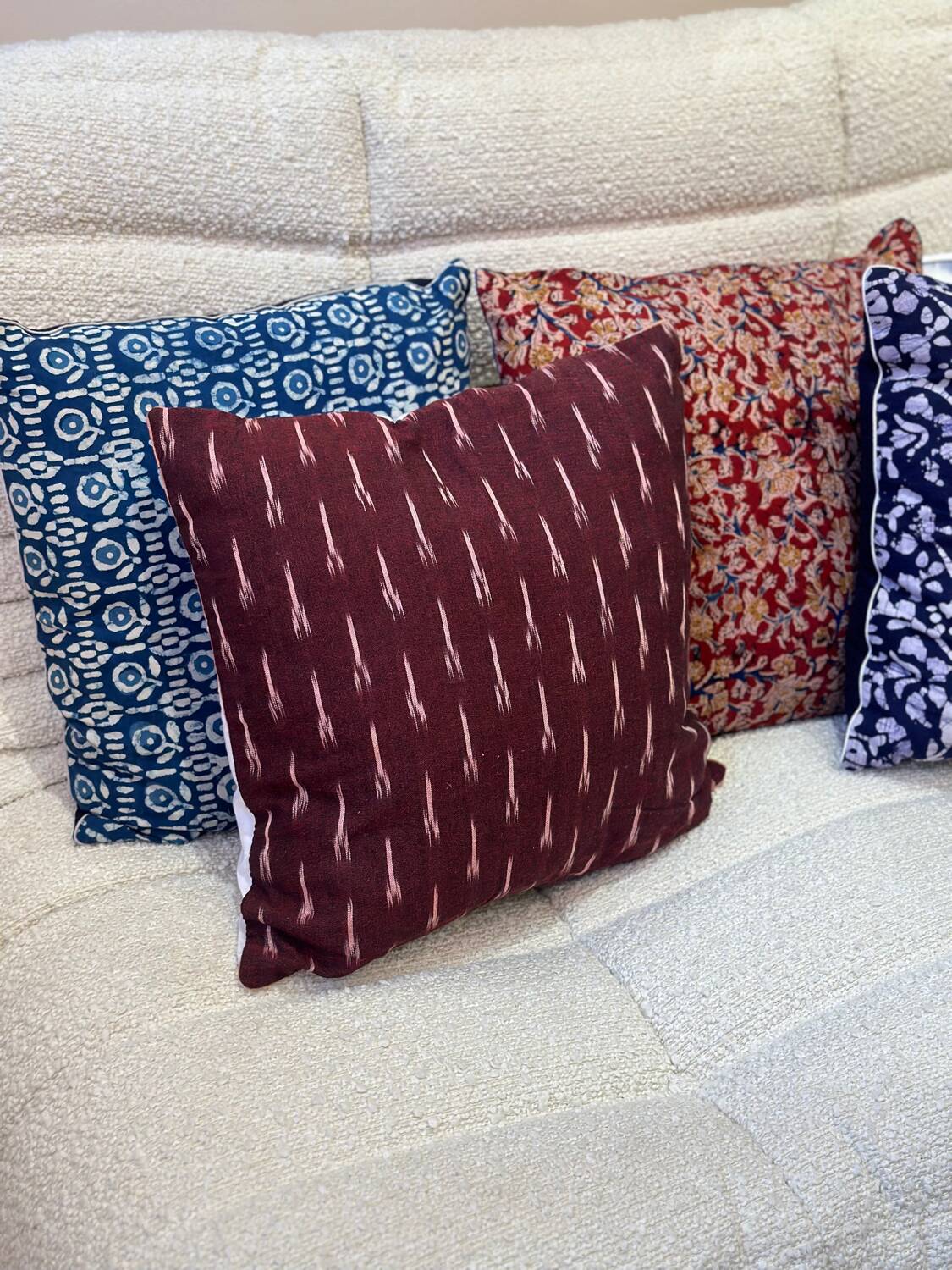 Indian blockprint cushion cover in burgundy cotton