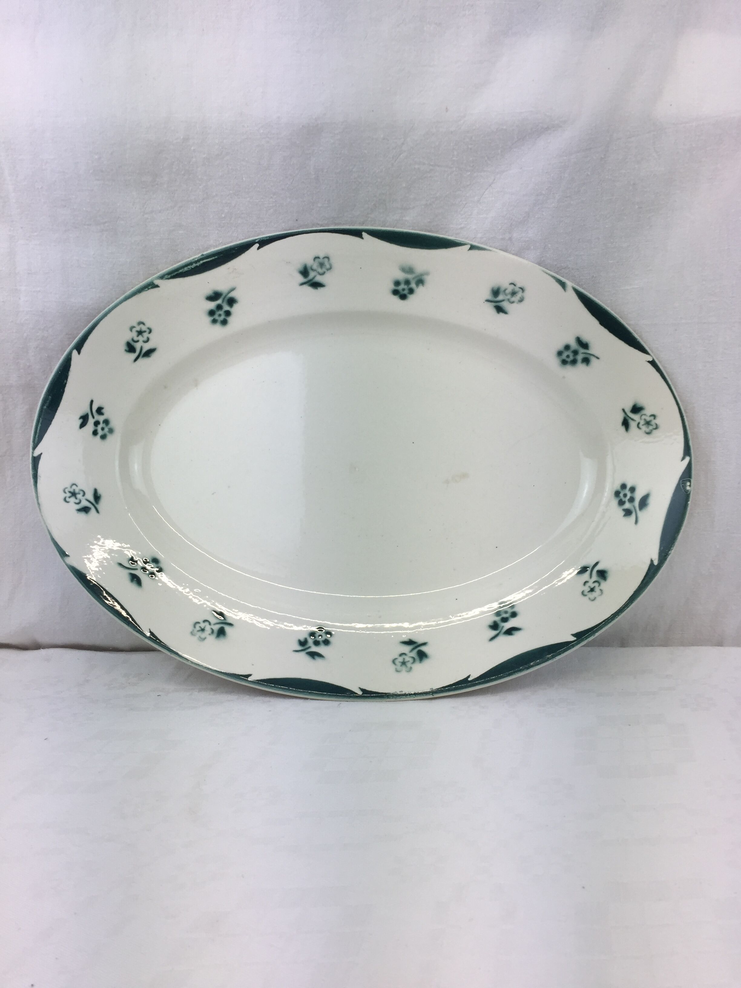 Antique oval dish made in France Digoin Sarreguemines, green flower decoration