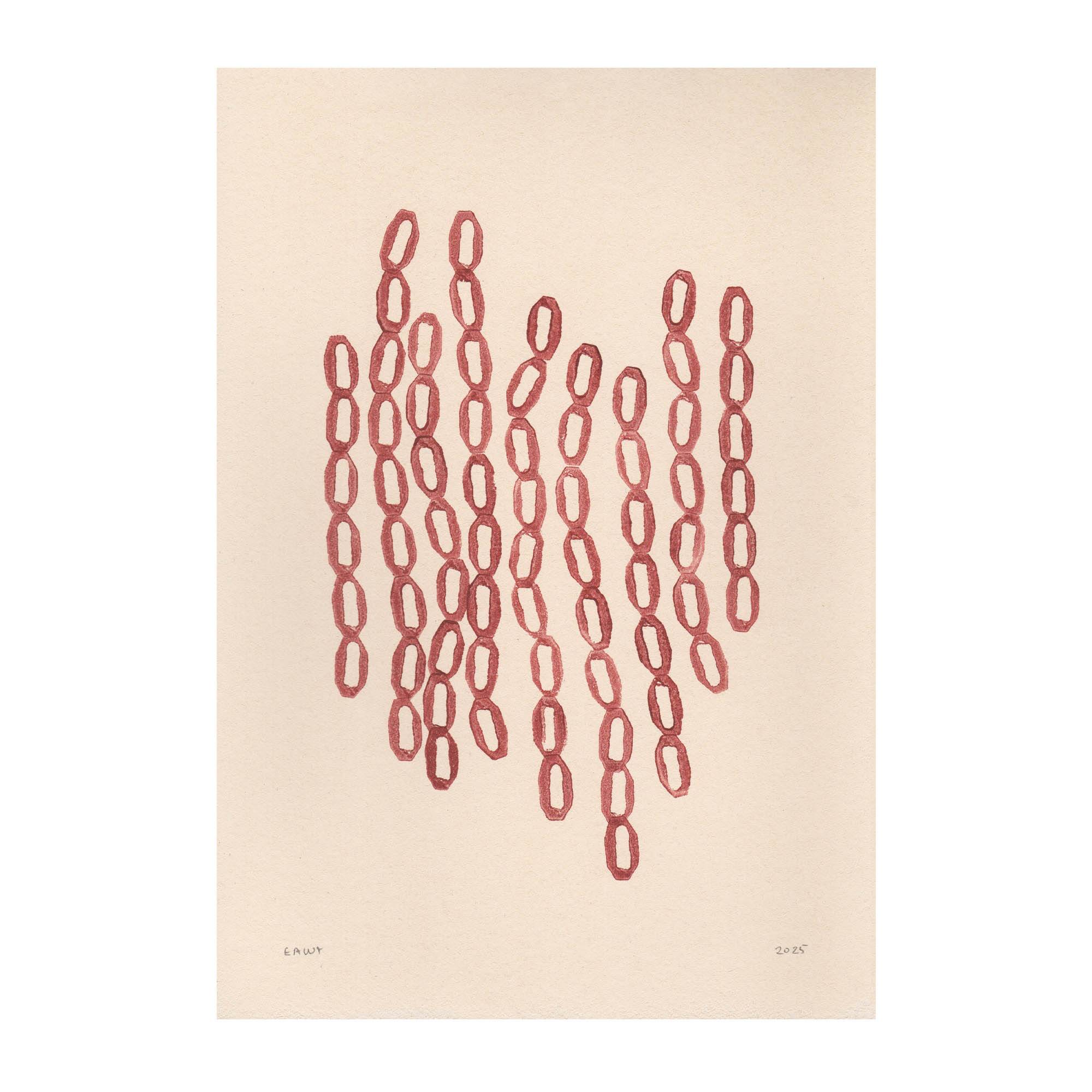 Abstract painting on framed paper signed Eawy dark red colour.