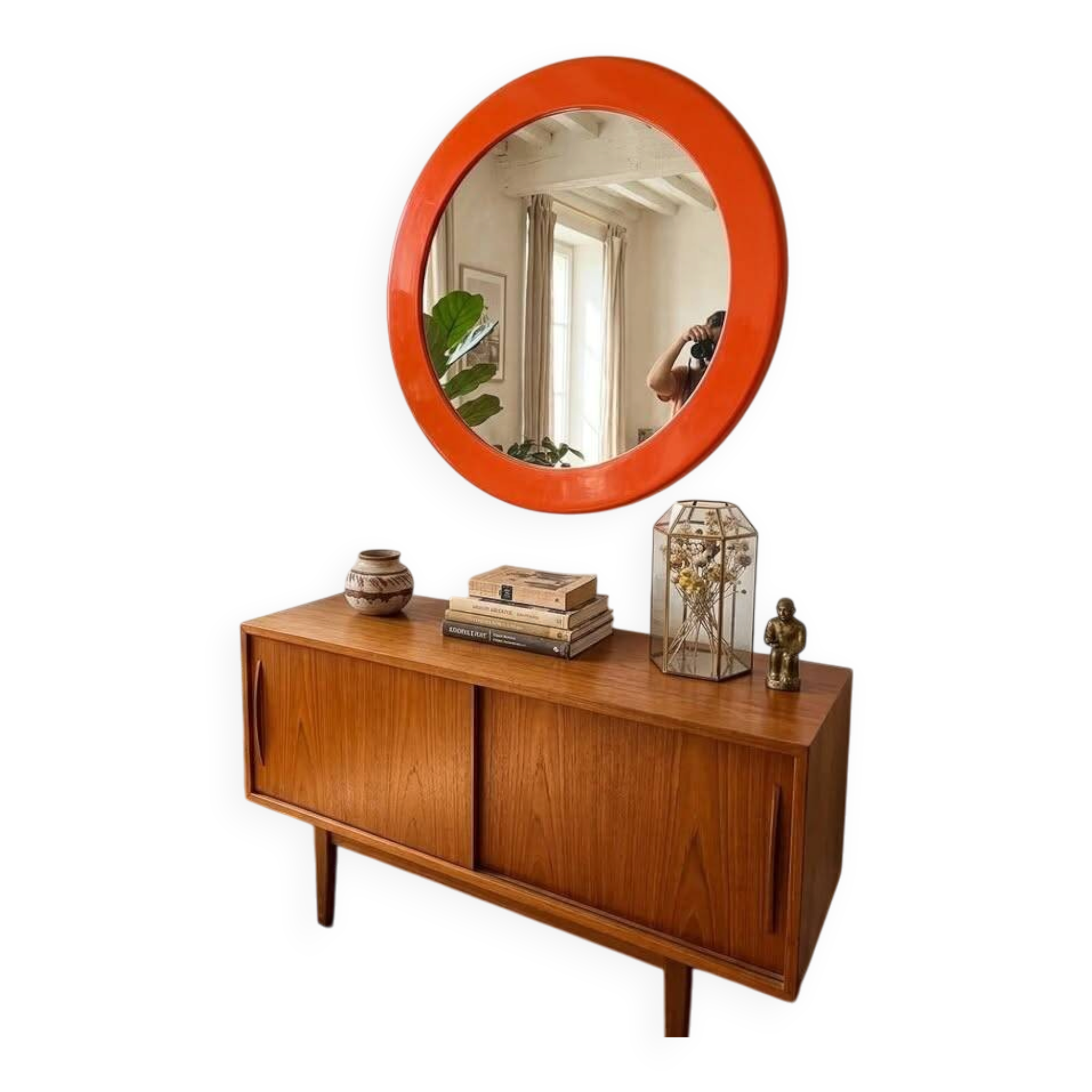 Vintage orange round mirror SYLA – Pop Art / Space Age 70s – Ø 46 cm