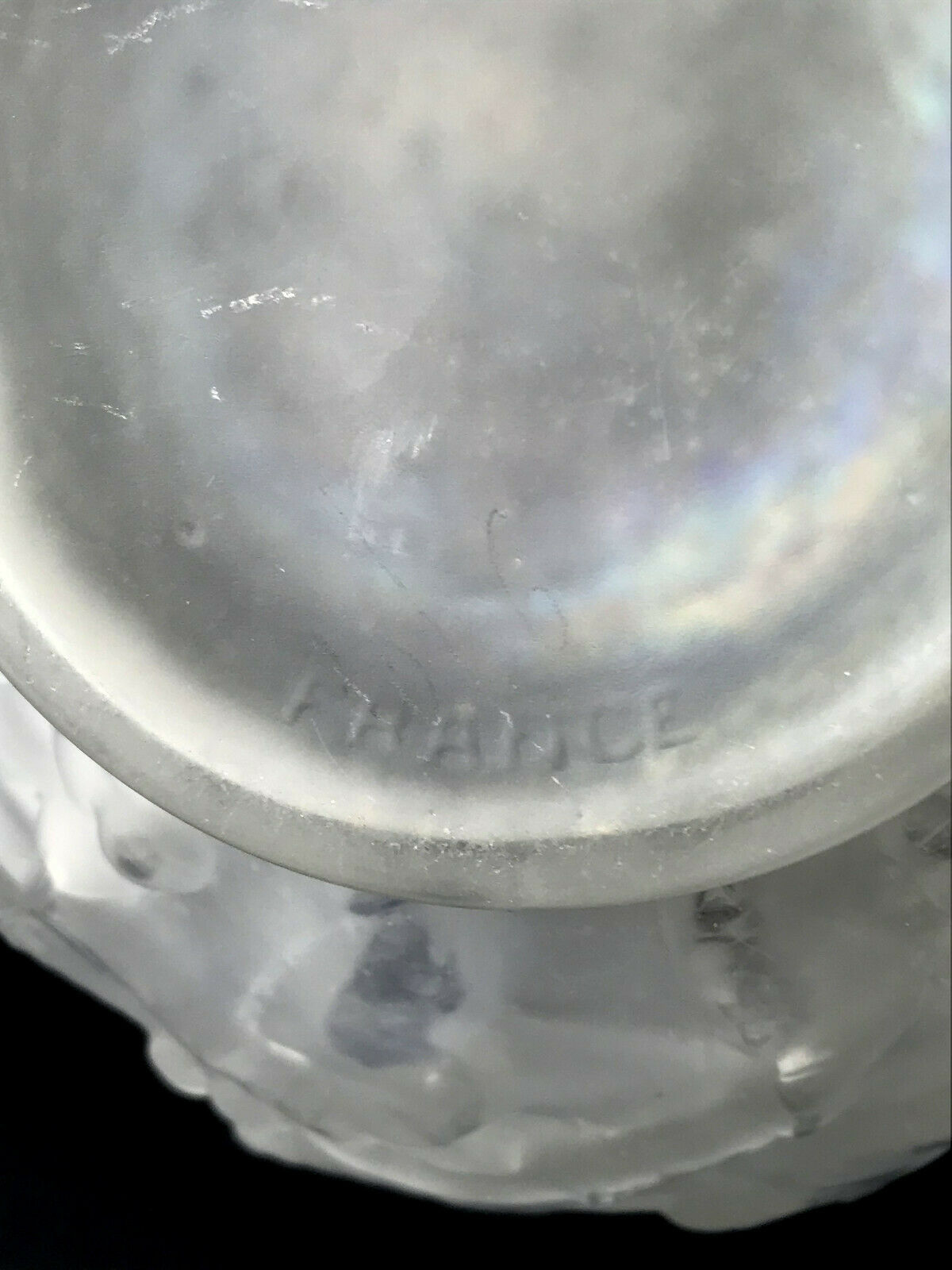 Pressed molded glass ball vase decorated with grape bunches