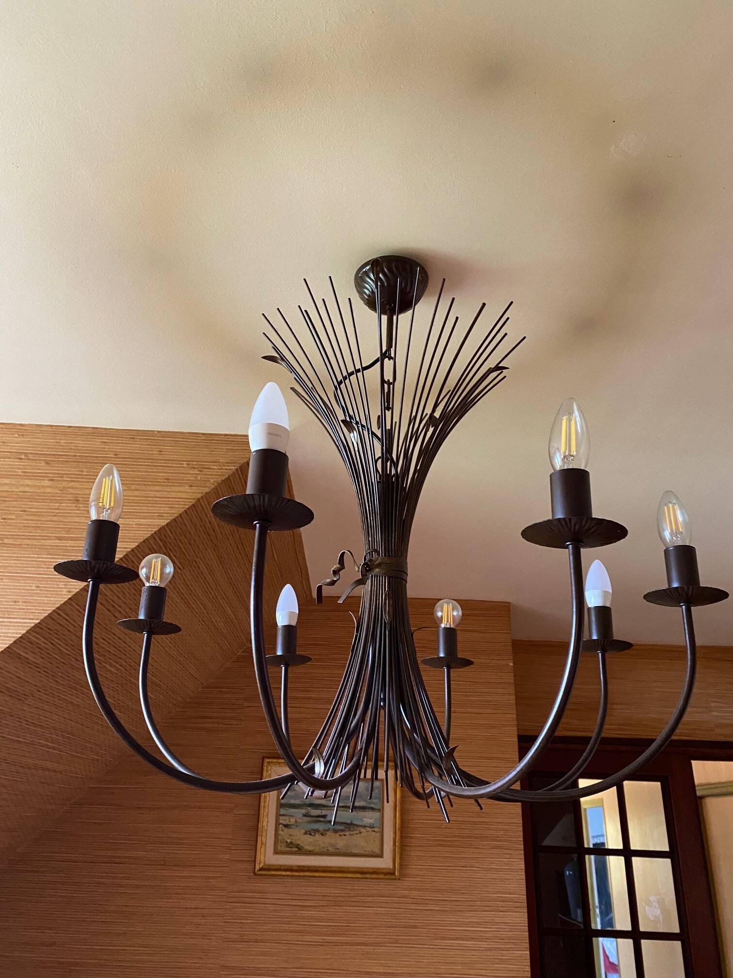 Grand lustre gerbe de ble en fer forge 8 feux