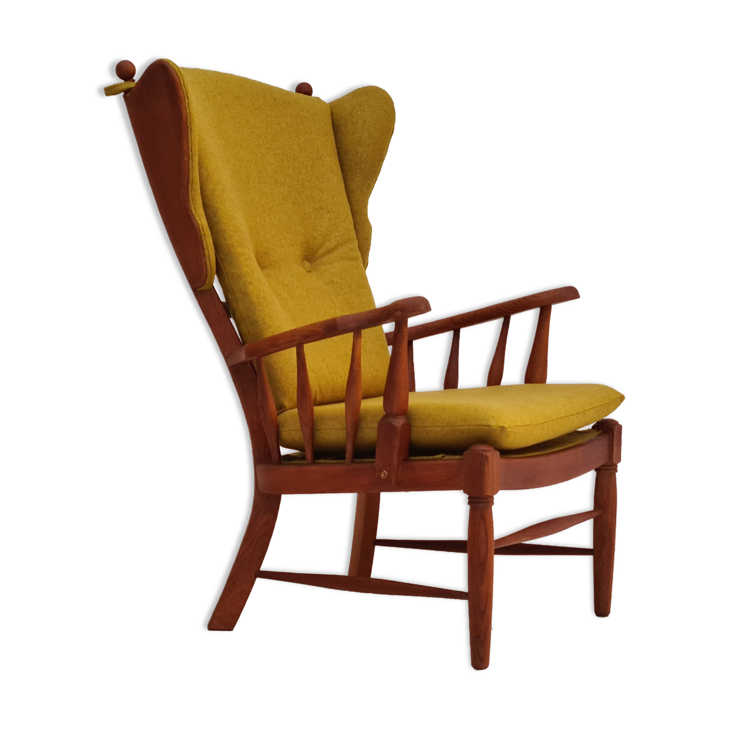 Danish high-backed ear flap chair, 1960s, reupholstered, solid oak, furniture wool