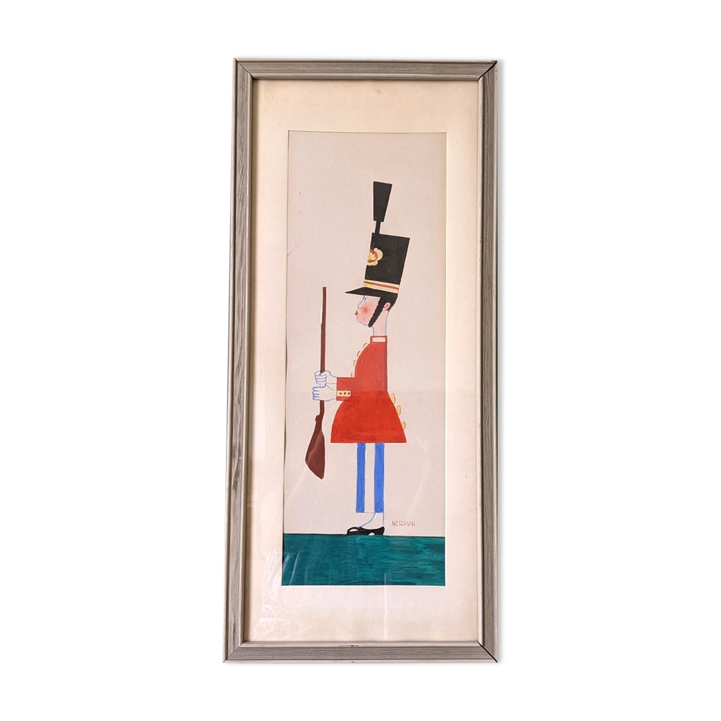 Mid-century modern swedish "The royal guard" vintage figurative watercolor & gouache painting
