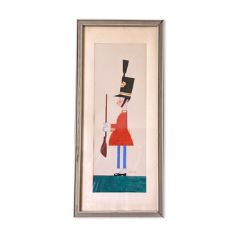 Mid-century modern swedish "The royal guard" vintage figurative watercolor & gouache painting