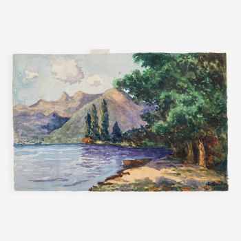 Tableau aquarelle "Lac et Montagne" signée E. Guette début XX°