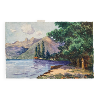 Watercolor painting "Lake and Mountain" signed E. Guette early 20th century