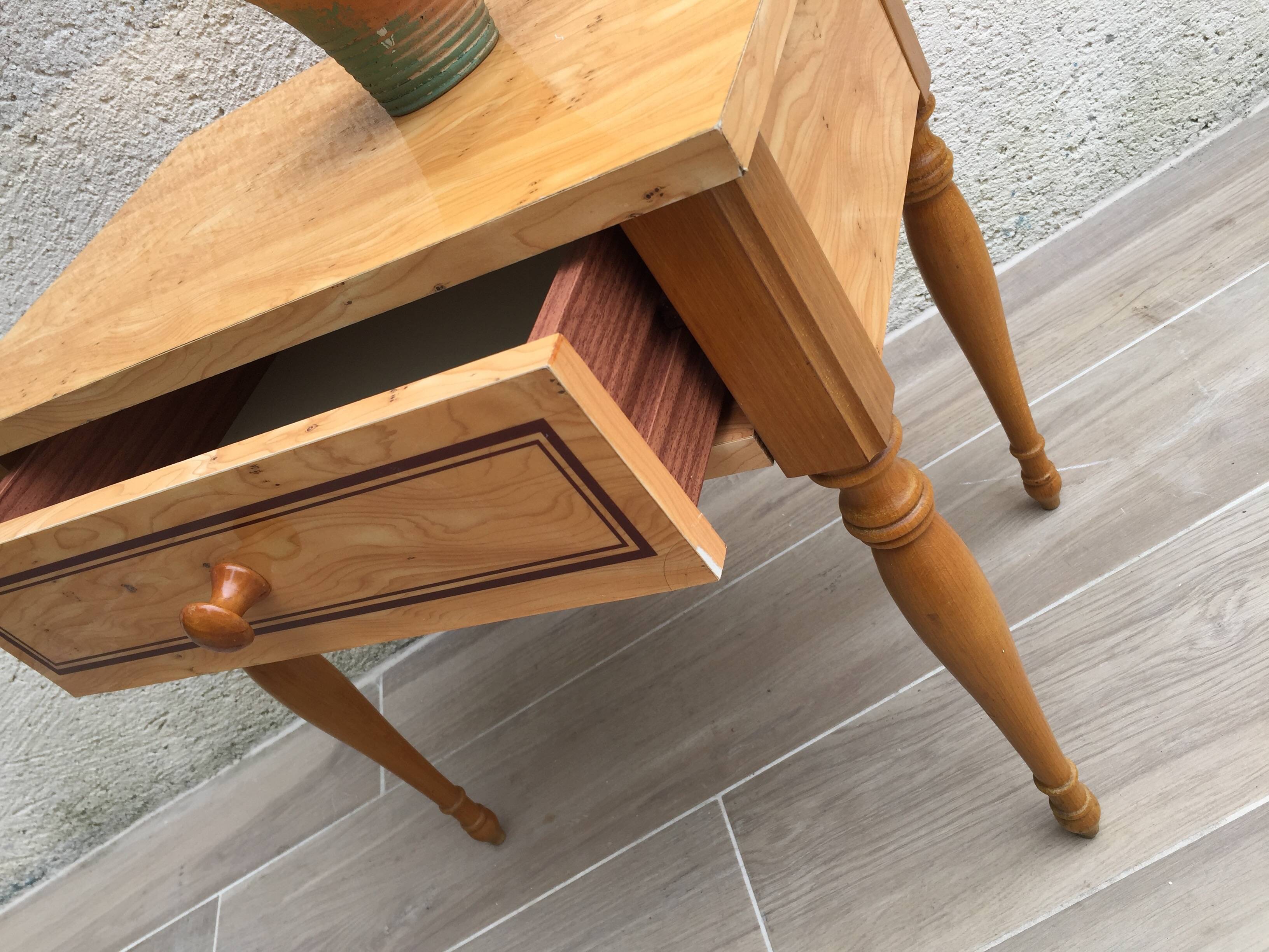 Formica and vintage wood bedside table