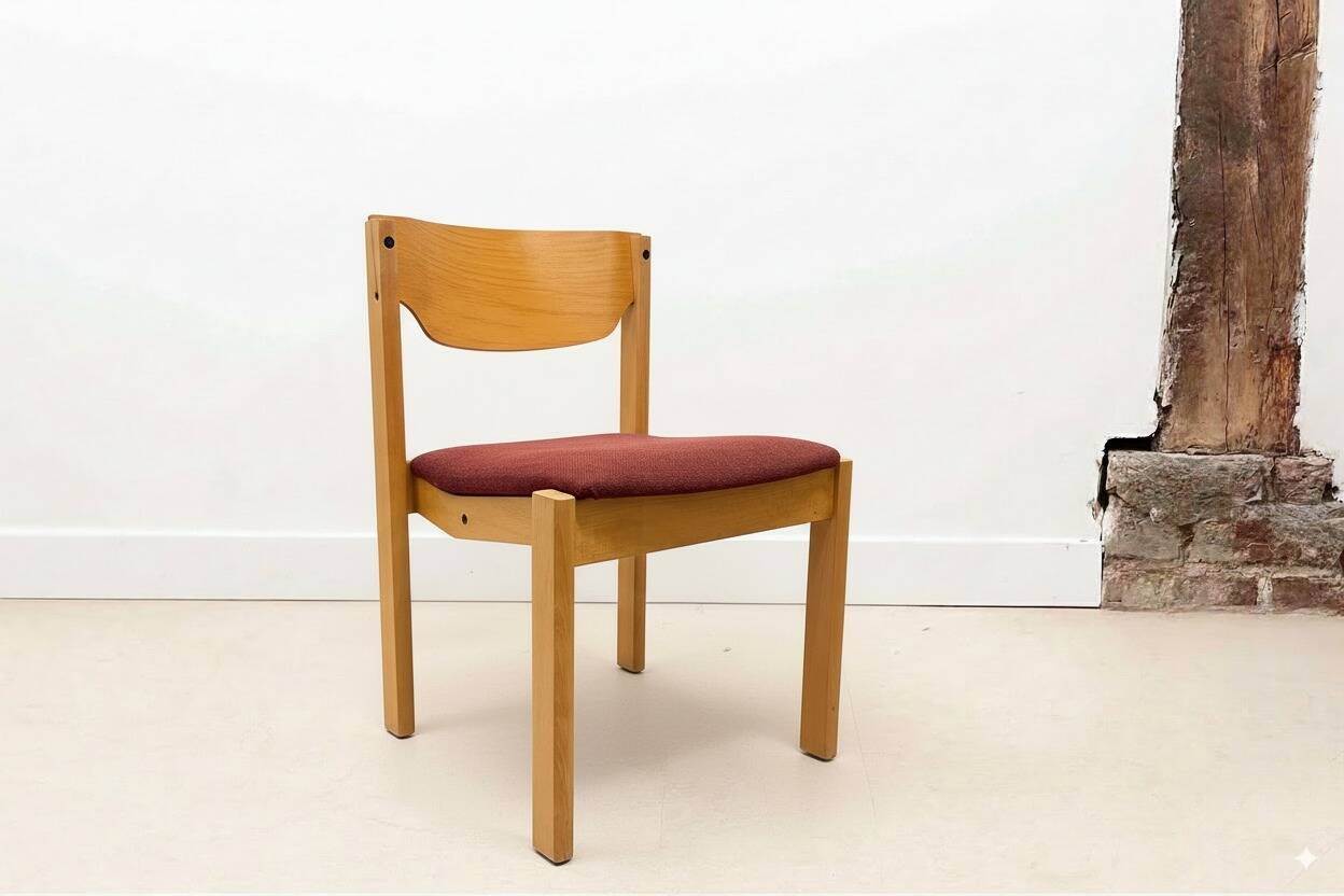 Scandinavian style oak and burgundy chair without armrests