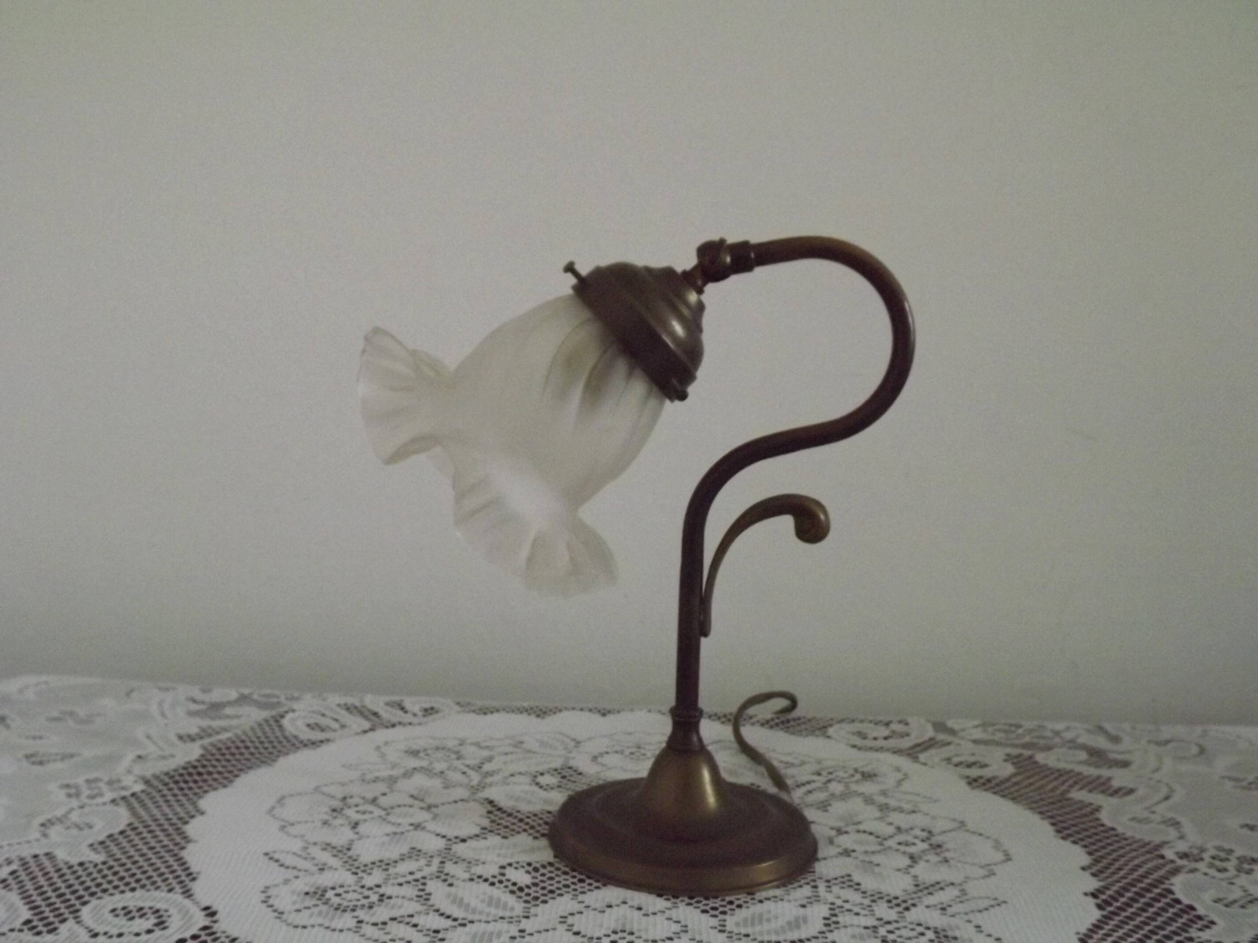 Vintage French Brass Gooseneck Table Lamp with Opaque Patterned Glass Shade 5522