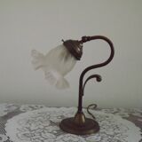 Vintage French Brass Gooseneck Table Lamp with Opaque Patterned Glass Shade 5522