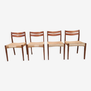 Ensemble de 4 chaises scandinaves en teck et corde des années 60