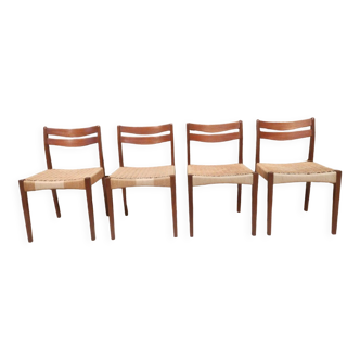 Ensemble de 4 chaises scandinaves en teck et corde des années 60