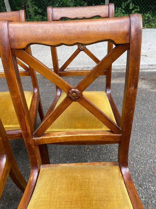 Série de 4 chaises d'époque XIXe en bois massif et velours jaune moutarde