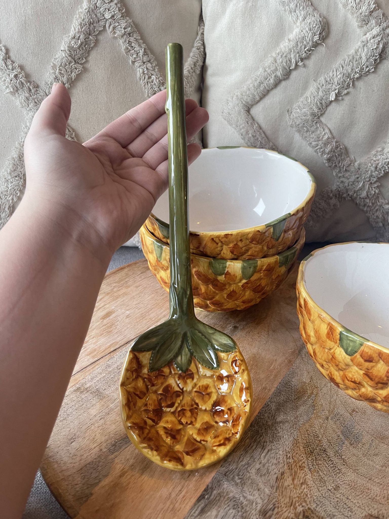 Old set of bowls and spoons in the shape of vintage pineapple
