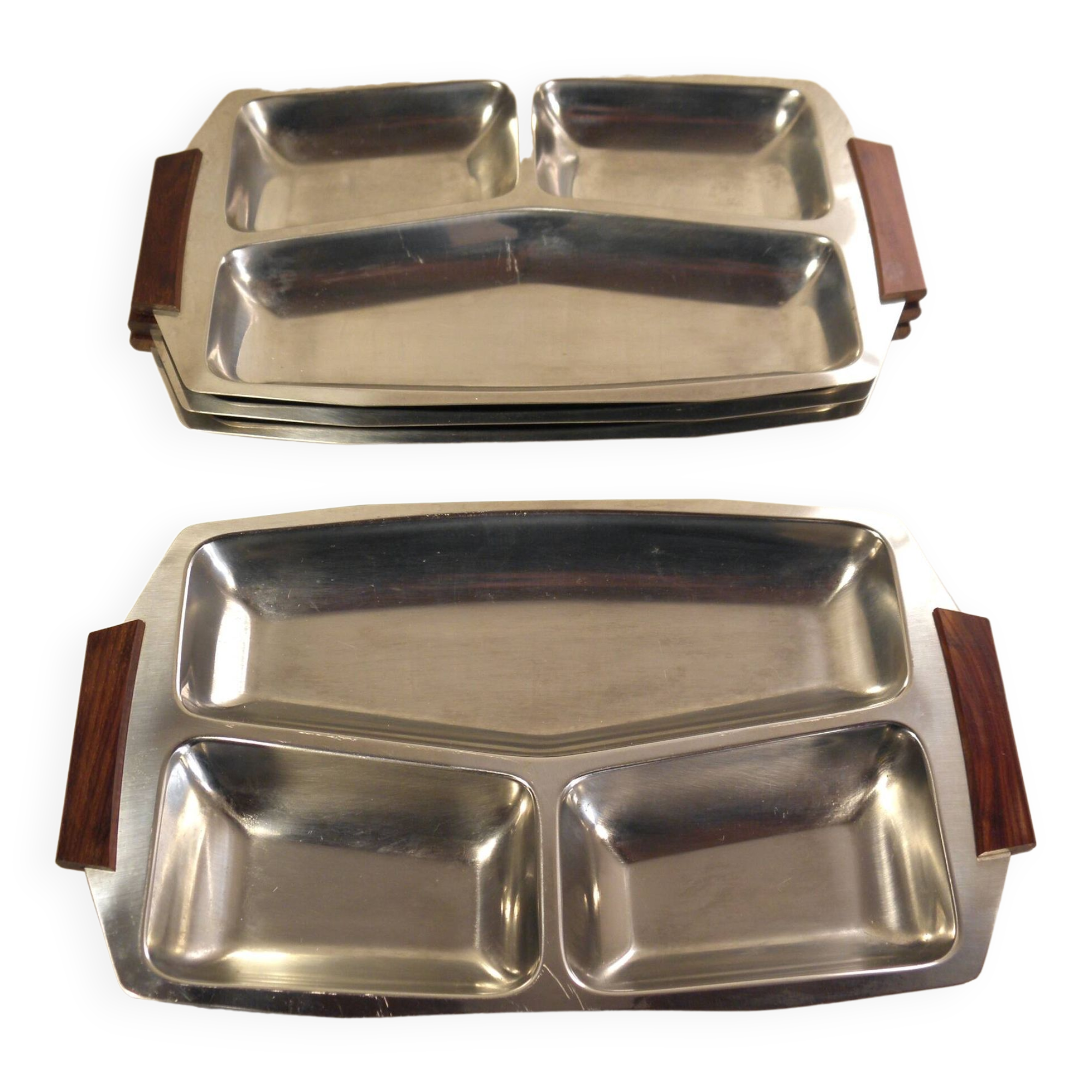 Set of 4 stainless steel and wood trays from the 70s