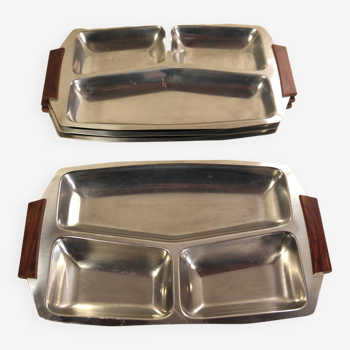 Set of 4 stainless steel and wood trays from the 70s
