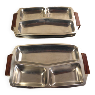 Set of 4 stainless steel and wood trays from the 70s