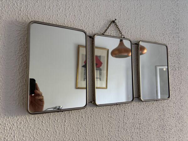 Miroir vintage 1960 triptyque barbier ivoire matelassé - 21 x 50 cm