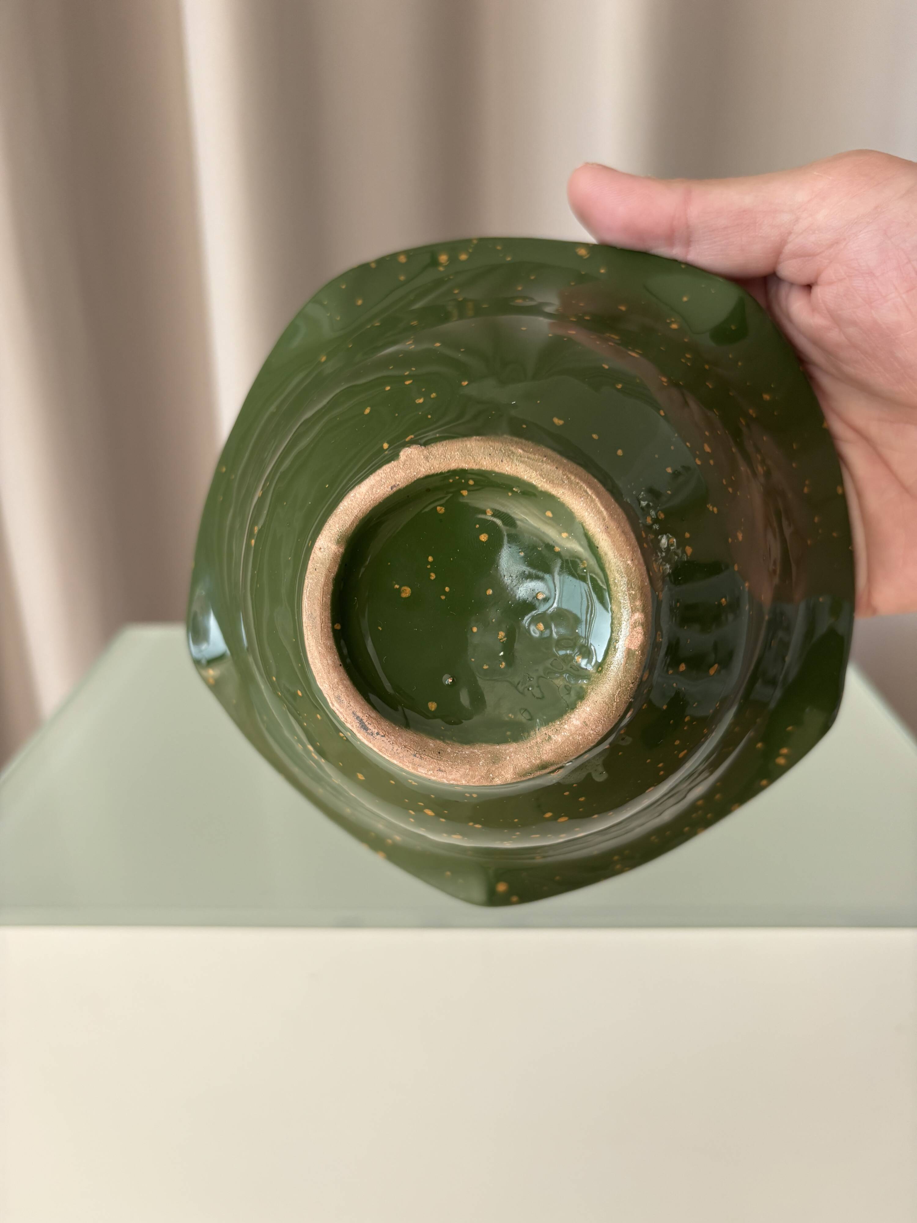 Ensemble de 4 bols en céramique vintage | Vert véritable avec glaçure jaune