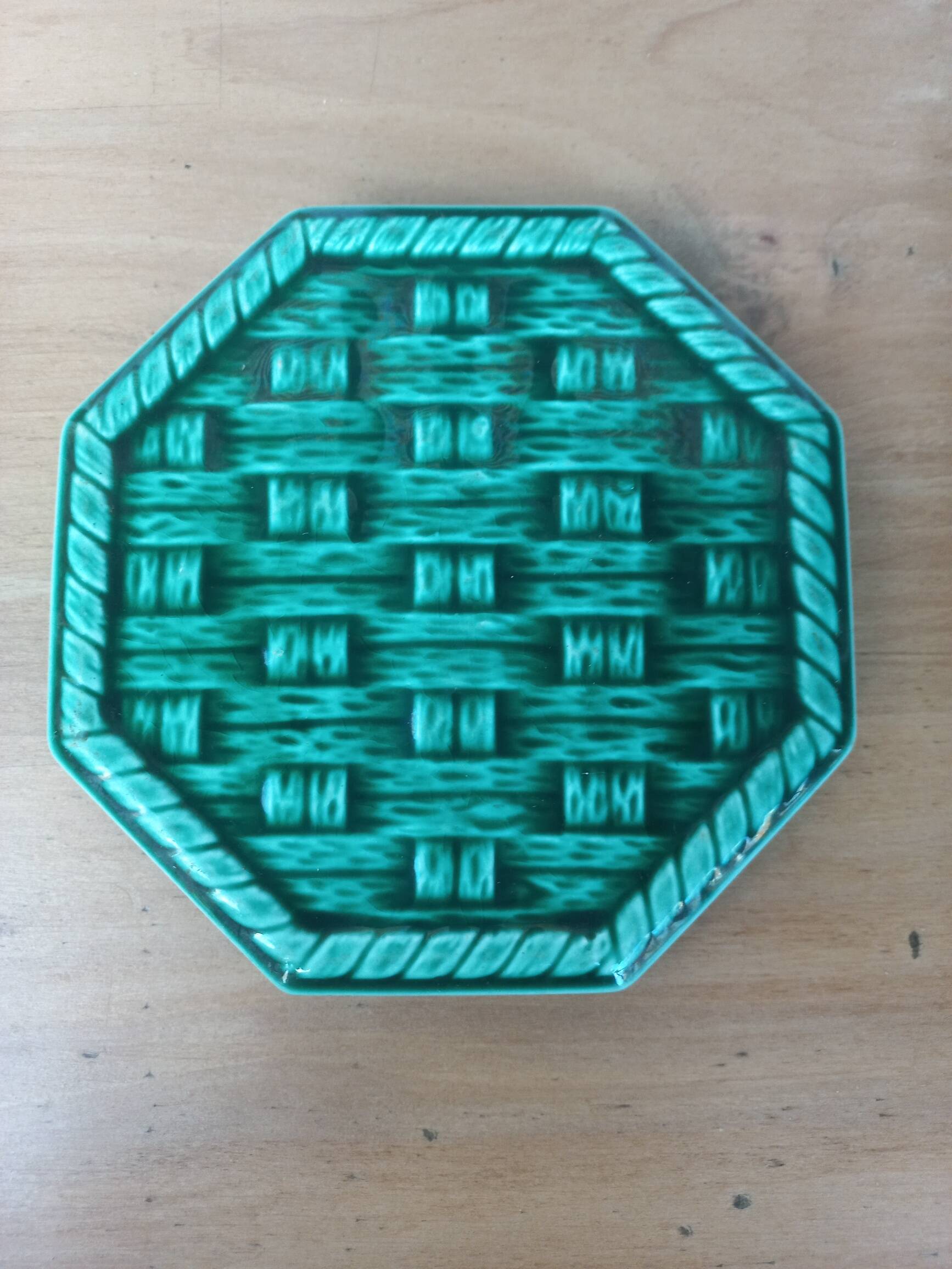 Pair of Digoin Sarreguemines barbotine bottle coasters