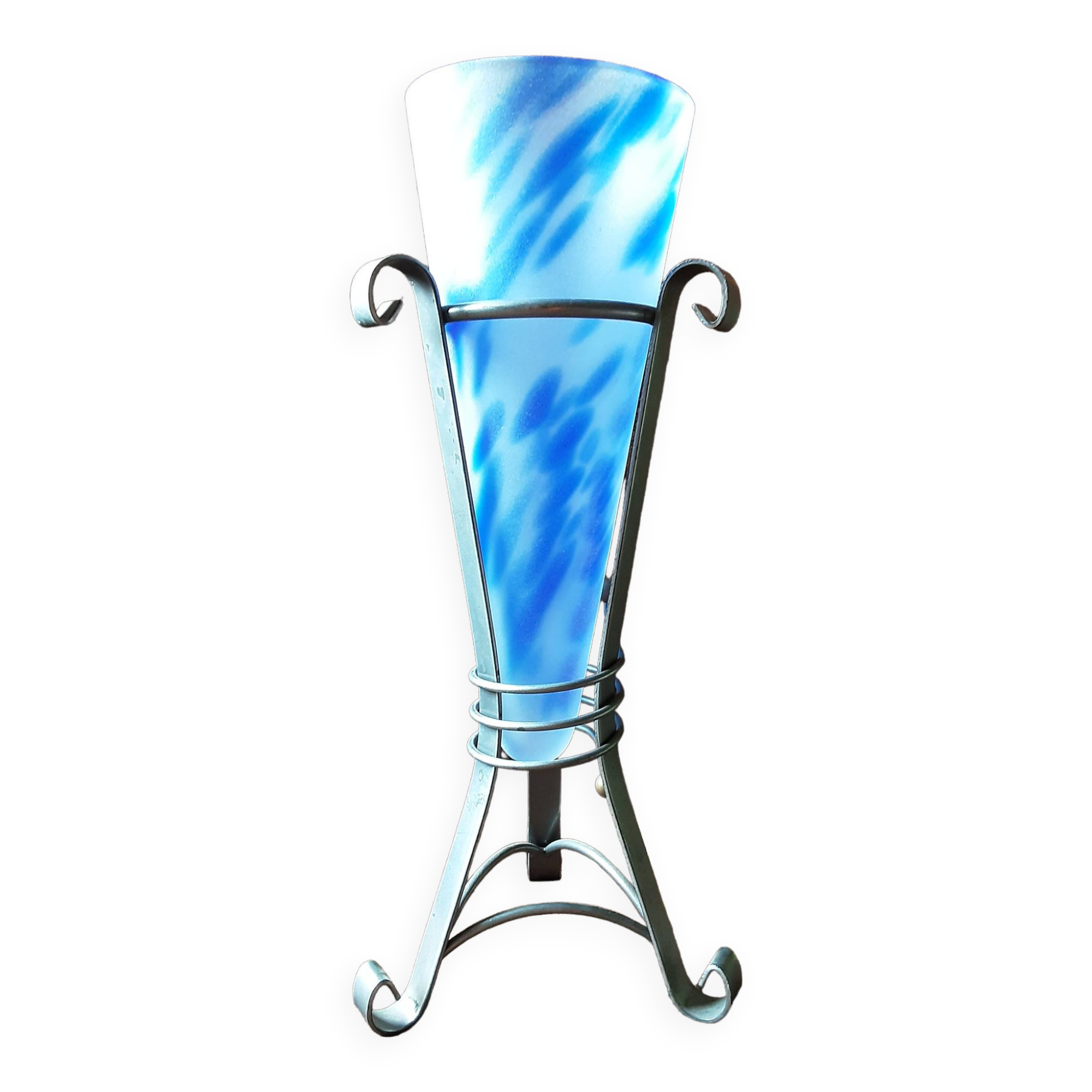 Marbled blue opaline vase on metal base