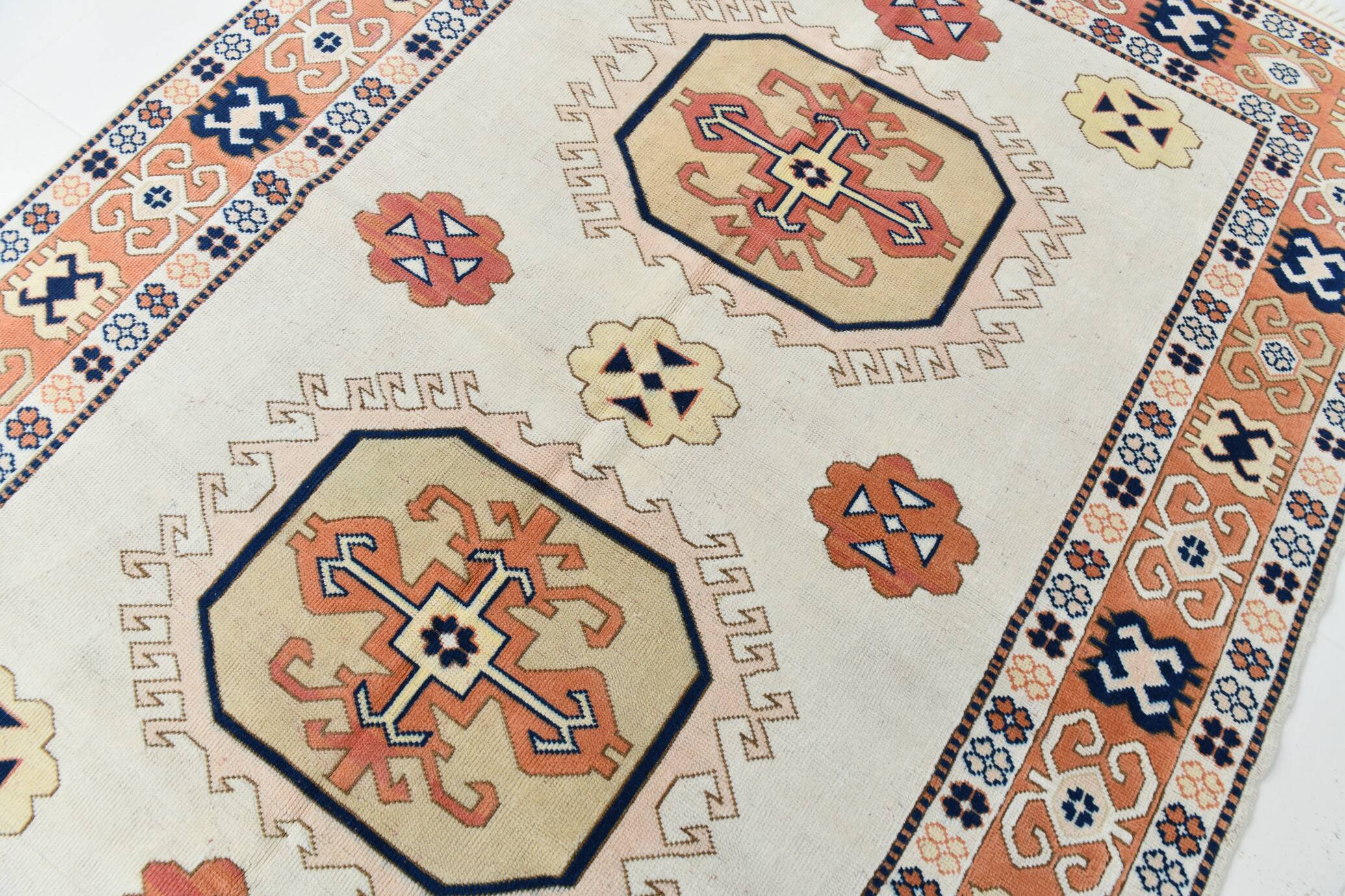Beige & Pumpkin Orange Antique Vintage Rug Made in Anatolian, 202x284 Cm