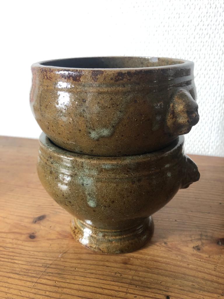 Lots de 7 bols à soupe à gratiner en grès artisanal aux oreilles tête de lion