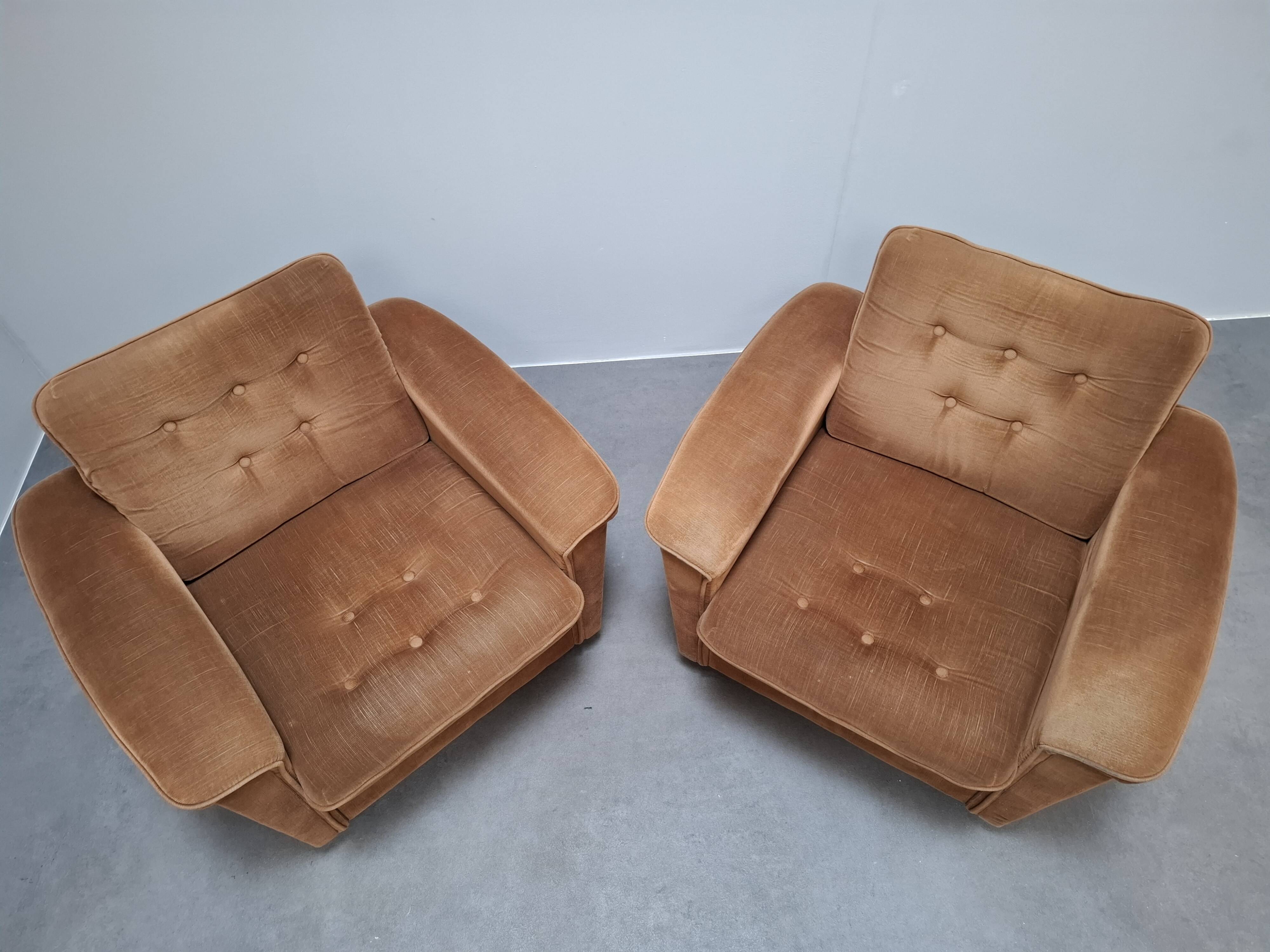 Pair of Mid-Century Modern Czech Lounge Armchairs with Rolling Casters