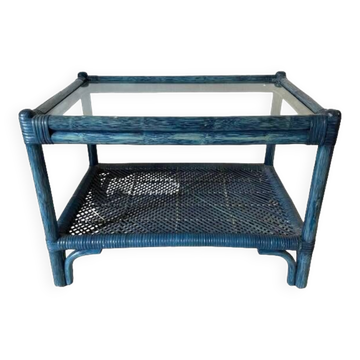 Table basse vintage en rotin et verre