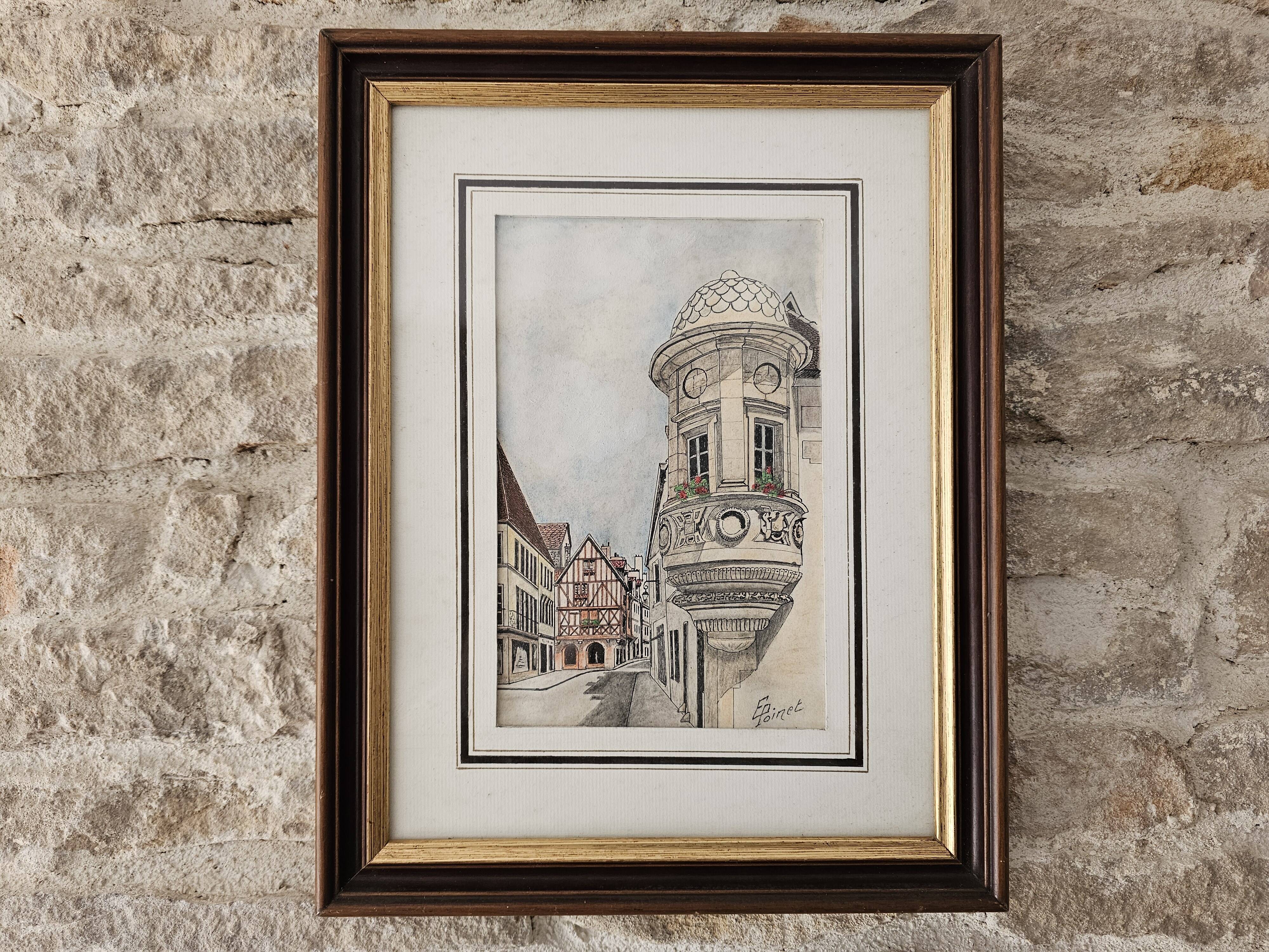 Tableau Encre de chine & pastel - Dijon Place des ducs - E Poinet