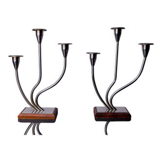 Pair of art deco candlesticks in stainless steel and rosewood 3 flames, Spain, 1970