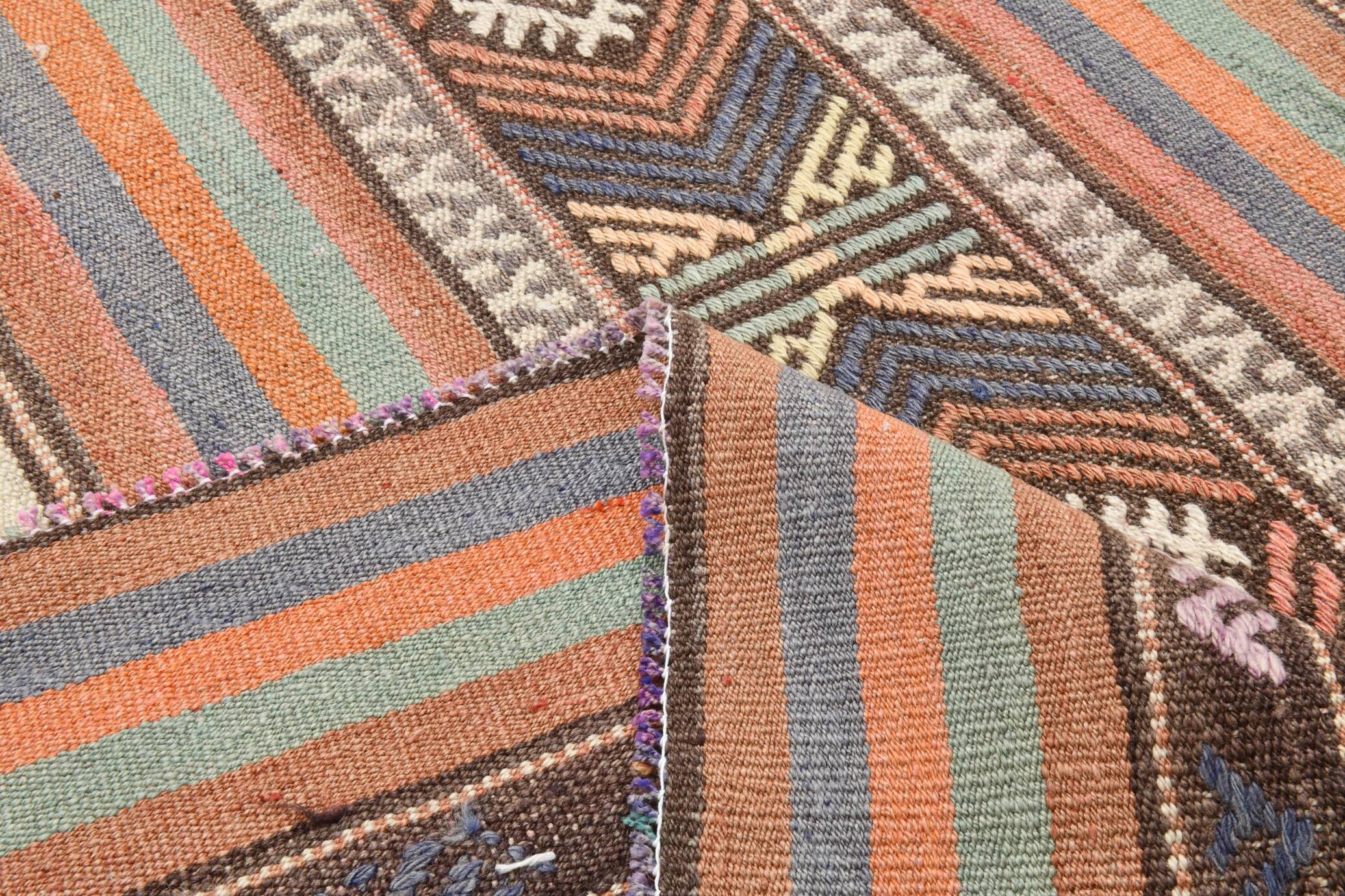5x8 Orange Blue Striped Turkish Vintage Kilim Rug 170x245Cm