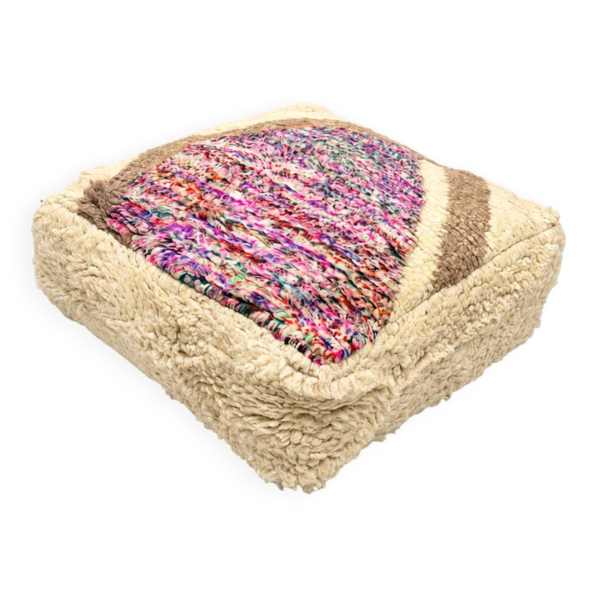 Vintage Moroccan pouf in multicoloured wool – 60 × 60 cm