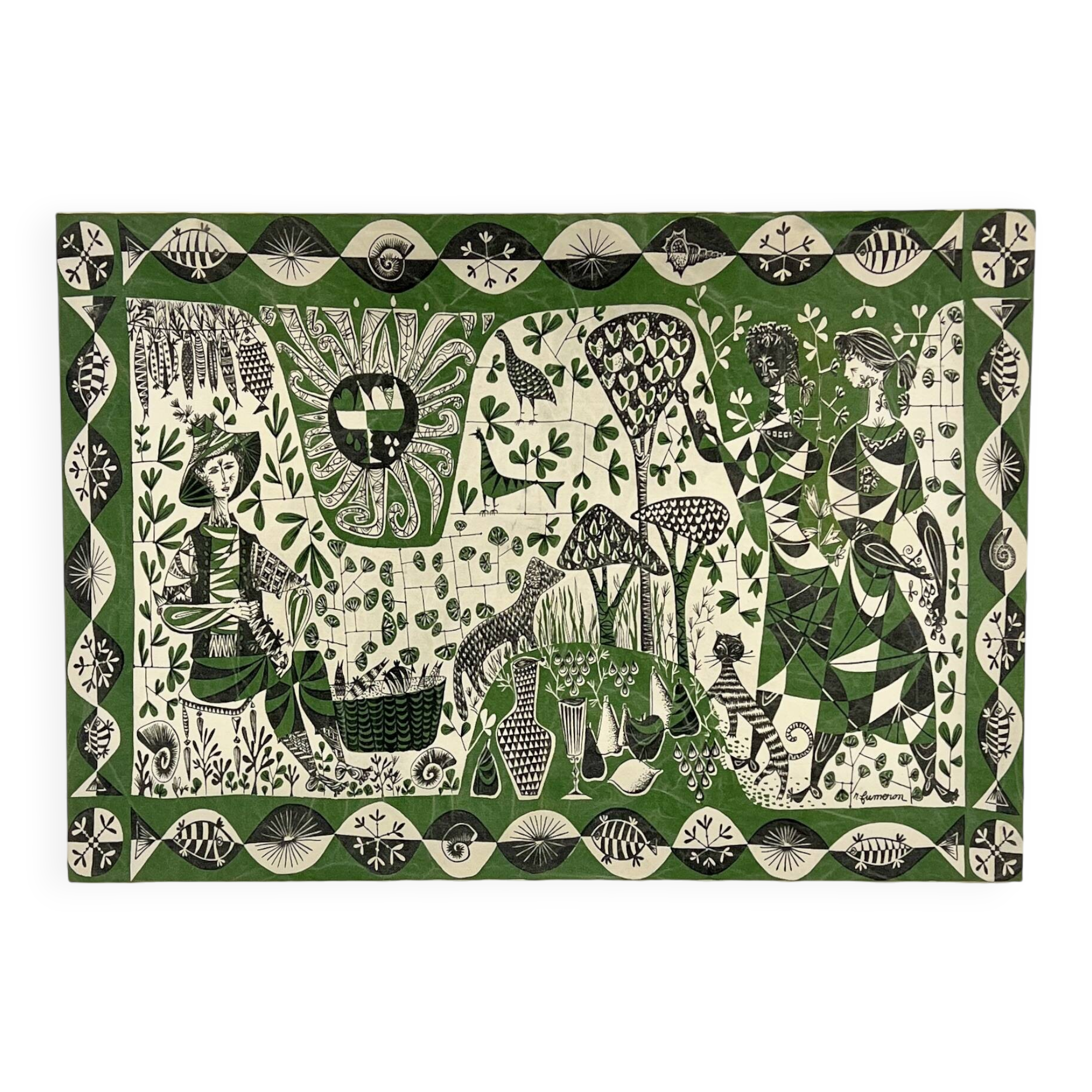 Toile imprimée René Fumeron scène de pêche années 60